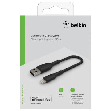 Belkin Lightning kabelis 15cm, apvalkā, MFI Sertificēts, Melns