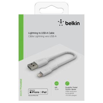 Belkin Lightning uz USB-A kabelis 15cm, auduma, MFI Sertificēts, Balts