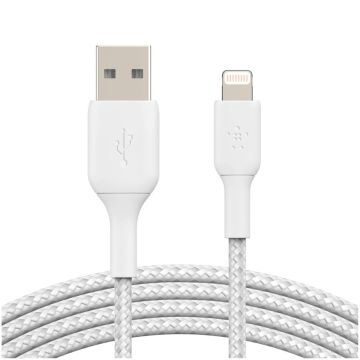 Belkin Lightning uz USB-A kabelis 3m, auduma, MFI Sertificēts, Balts