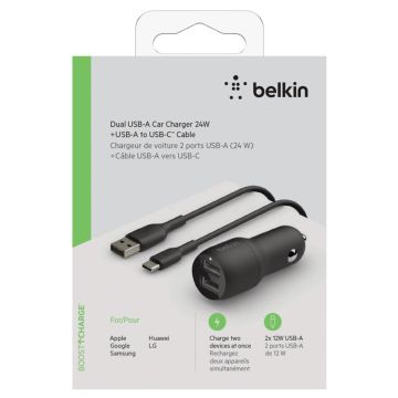 Belkin USB-A auto lādētājs 24W ar 1m USB-C kabeli, melns