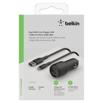 Belkin USB-A auto lādētājs 24W ar 1m Micro-USB kabeli, melns