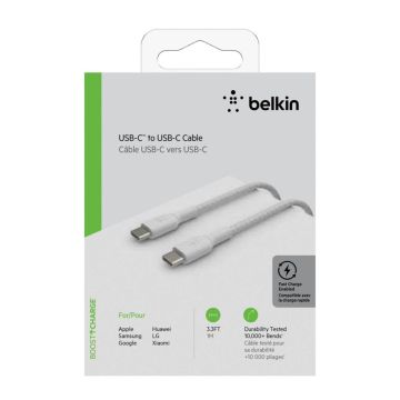 Belkin USB-C/USB-C kabelis 1m, pārklāts, balts