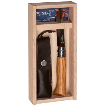 Opinel Nr. 08 Olīvkoks + maksts zīmuļu kastītē