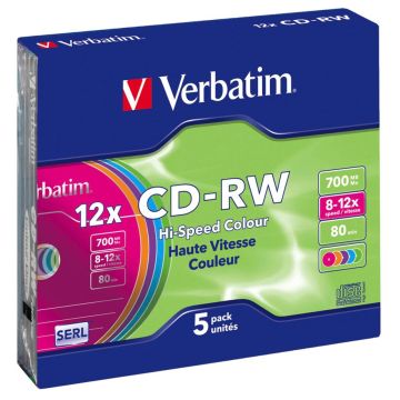 Verbatim CD-RW 80 min / 700MB 10x ātrumu, krāsains, plānie plastikāta vāciņi 5 gab.