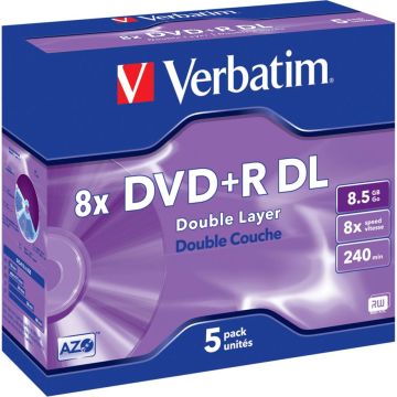 Verbatim DVD+R Double Layer 8x ātrumu, plastikāta vāciņi 8,5GB 5 gab.