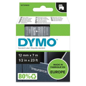 Dymo D1 leibls 12mm x 7m balts uz caurspīdīga 45020