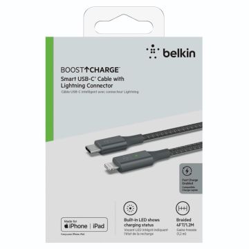 Belkin Zema profila LED kabelis ar 1,2m USB-C / Lightning savienotāju