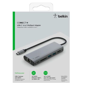 Belkin CONNECT USB-C 6-in-1 Multiport Adapteris, 2x USB-A, HDMI, USB-C, SD/MicroSD, RJ45