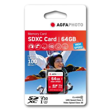 AgfaPhoto SDXC Karte 64GB Ātrdarbīga Class 10 UHS I U1 V30