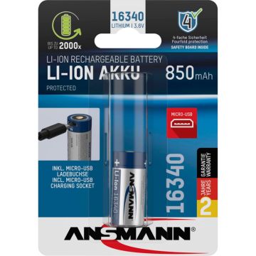 Ansmann 16340 Li-Ion Akumulators, 850mAh, 3,6V, Micro USB Ieeja