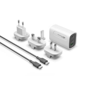 GP GaN 65W USB ātrais lādētājs ar PD, 2xUSB-C un 1xUSB-A, balts