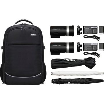 Godox AD300 Pro TTL Komplekts divas spuldzes, divi statīvi, divi lietussargi un mugursoma