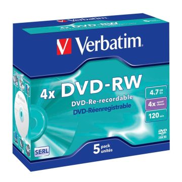 Verbatim DVD-RW 4,7GB 4x ātrumu, plastikāta vāciņi 5 gab.