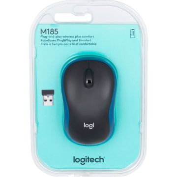 Logitech M185 Bezvadu pele, optiskā, melna/zila