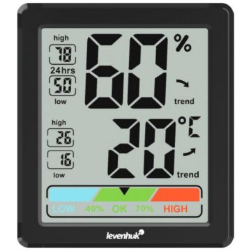 Levenhuk Wezzer BASE L20 termo/higrometrs, melns, iekštelpu temperatūra un mitrums, LCD displejs