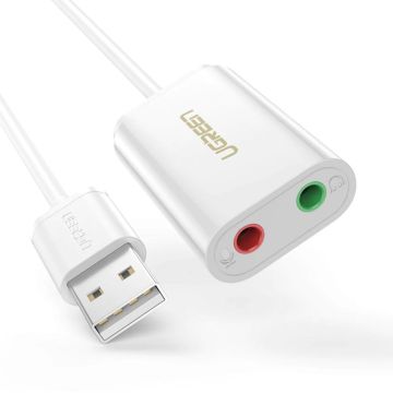 UGREEN USB-A uz 3,5mm ārējais stereo skaņas adapteris balts 15 cm