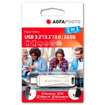 AgfaPhoto USB 3.0 2-in-1 Zibatmiņa 32GB ar USB-C