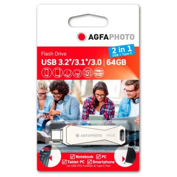 AgfaPhoto USB 3.0 2-in-1 Zibatmiņa 64GB ar USB-C