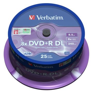 Verbatim DVD+R Double Layer 8x ātrumu, 8,5GB matēts sudrabs 25 gab.