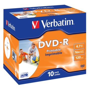 Verbatim DVD-R 4,7GB 16x ātrumu, plastikāta vāciņi, apdrukājams 10 gab.