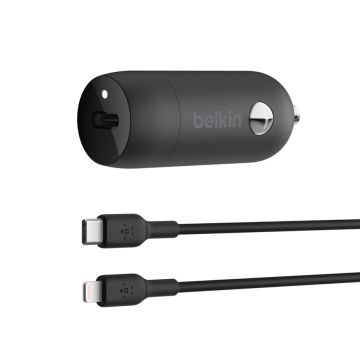 Belkin USB-C auto lādētājs 30W PD ar 1m Lightning kabeli, melns