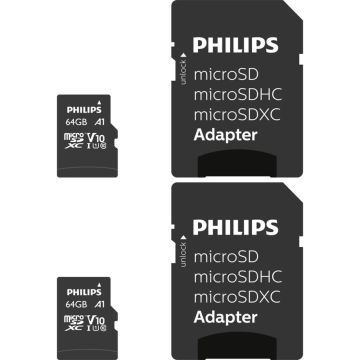 Philips MicroSDXC 2-Pack 64GB Class 10 UHS-I U1 atmiņas karte. adapteris