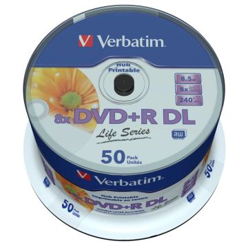 Verbatim DVD+R DL plaši apdrukājams 8x ātrumu, 8,5GB Life sērija 50 gab.