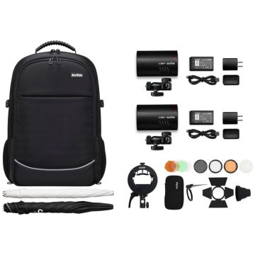 Godox AD100Pro - K2 Dual flash Backpack kit: 2x 100Ws zibspuldzes, 2x statīvi, 1x softbokss, 1x lietussargs, mugursoma, jauda: 100Ws, min. jauda: 1/256, LED pilotgaisma, Li-ion akumulatori