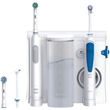 Oral-B OxyJet irigatora centrs + Oral-B Pro 1 zobu birste, ūdens strūklas tehnoloģija