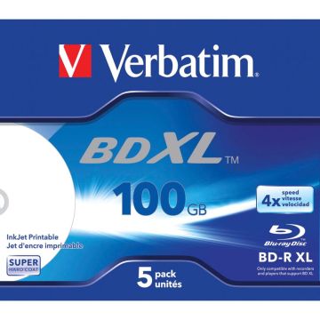 Verbatim BD-R Blu-Ray 100GB 4x ātrumu plaši apdrukājams plastikāta vāciņi 5 gab.