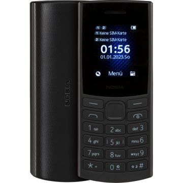 Nokia 105 4G (2023) podziņu telefons, 1.8" ekrāns 120x160px, 1450mAh akumulators, melns