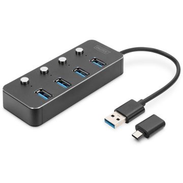 Digitus USB 3.0 centrmezgls, 4 pārslēdzami porti, alumīnija korpuss