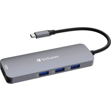 Verbatim USB-C Pro Multiport Hub, 8 Porti: 1x USB-C, 7x USB 3.2 Gen 1, Melns