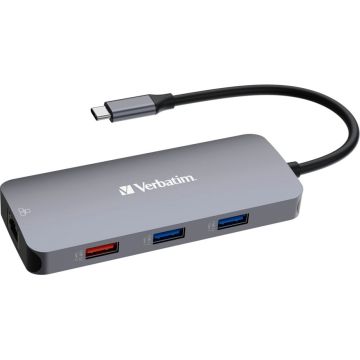 Verbatim USB-C Pro Multiport Hub, 9 Porti: 1x USB-C, 8x USB 3.2 Gen 1, Melns