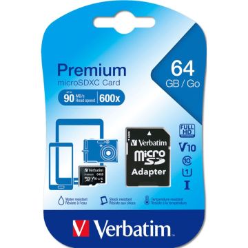 Verbatim microSDXC 64GB Class 10 ar adapteri