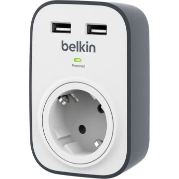 Belkin SurgeCube kontaktligzda ar 2 x 2.4A Shared USB uzlādi BSV103vf ar pārsprieguma aizsardzību