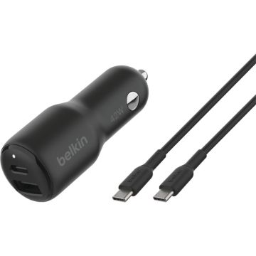 Belkin BOOST Charge 42W Divu Portu Auto Lādētājs PD/PPS Tehnoloģija, Melns