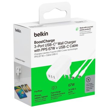 Belkin BOOST Charge USB-C 67W 3xUSB-C + Kabelis, Balts