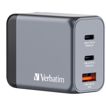 Verbatim GNC-64 GaN lādētājs, 65W, 2x USB-C PD, 1x USB-A QC 3.0