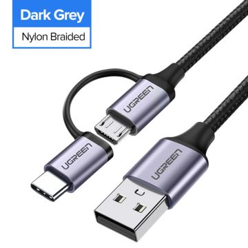 UGREEN USB-A uz Micro USB + USB USB-C kabelis 1m melns