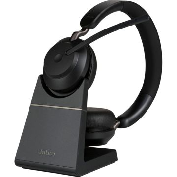 Jabra Evolve2 65 UC Stereo Bezvadu Bluetooth USB-A Austiņas ar Mikrofonu un Lādēšanas Statīvu, Melnas