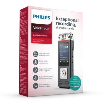 Philips DVT 6115 Diktofons, 8GB atmiņa + microSD atbalsts, MP3/WAV, trokšņu samazināšana, ar piederumiem